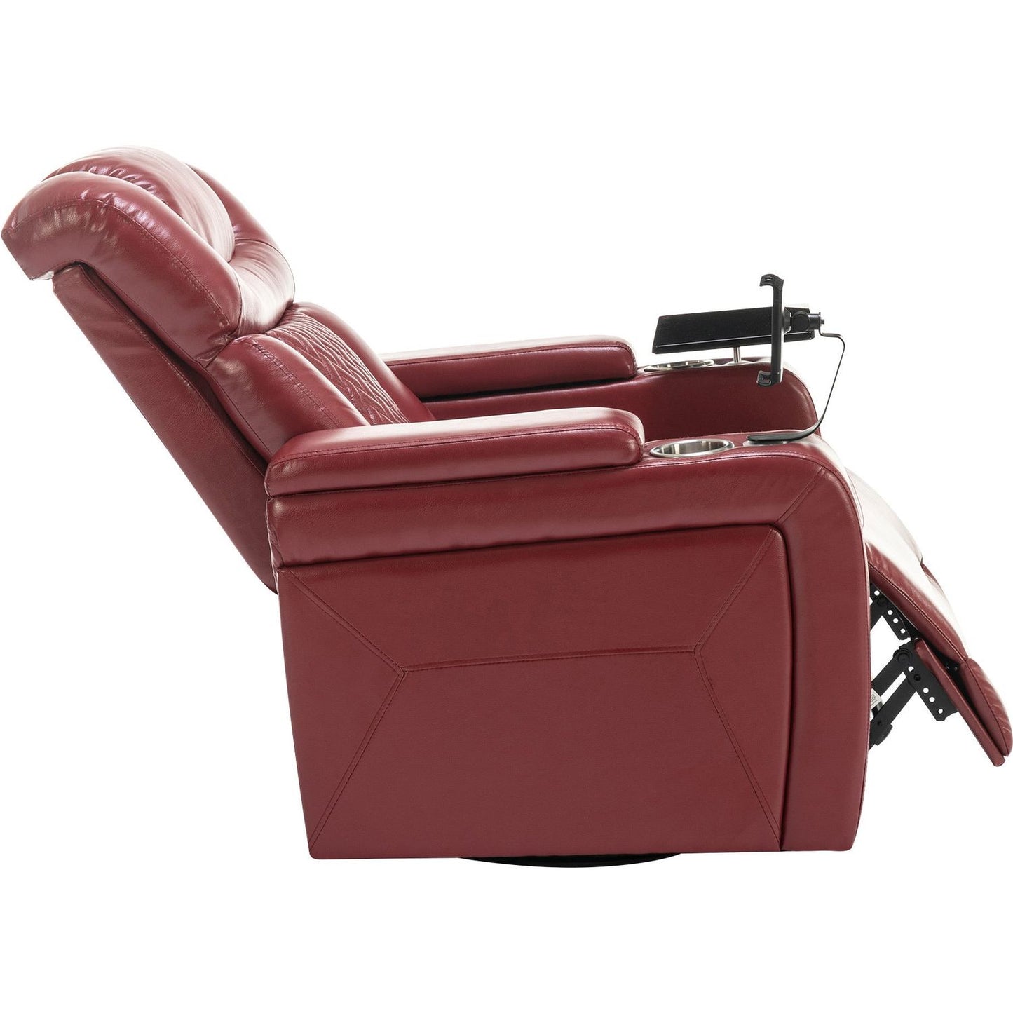 270 Degree Swivel PU Leather Power Recliner Individual Seat Home Theater Recliner with Comforable Backrest, Tray Table, Phone Holder, Cup Holder, USB Port, Hidden Arm Storage for Living Room, Red