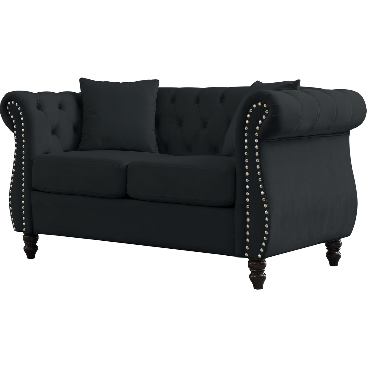 58.8" Chesterfield Sofa Black Velvet for Living Room, 2 Seater Sofa Tufted Couch with Rolled Arms and Nailhead for Living Room, Bedroom, Office, Apartment, two pillows