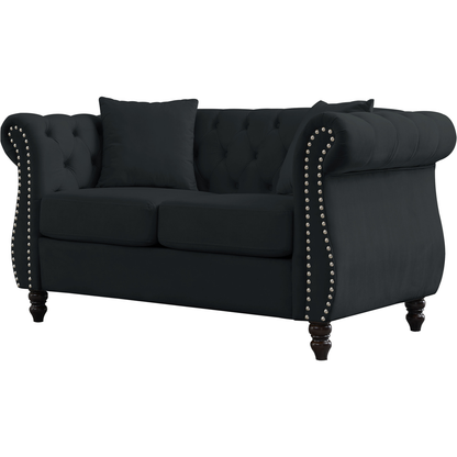 58.8" Chesterfield Sofa Black Velvet for Living Room, 2 Seater Sofa Tufted Couch with Rolled Arms and Nailhead for Living Room, Bedroom, Office, Apartment, two pillows