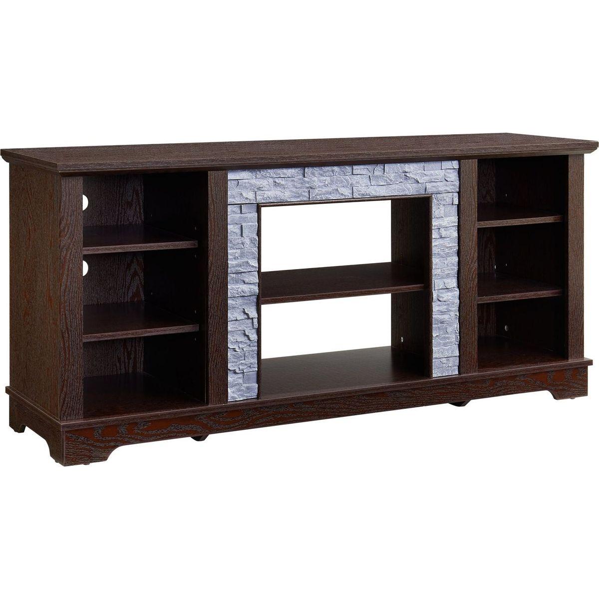 TV Media Stand with with Faux Stacked Stone Surround, Modern Entertainment Console with Open Storage Space, Cherry, 58.31"Wx15.39"Dx26.06"H