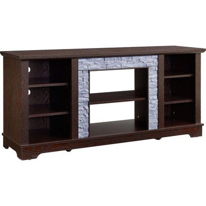 TV Media Stand with with Faux Stacked Stone Surround, Modern Entertainment Console with Open Storage Space, Cherry, 58.31"Wx15.39"Dx26.06"H
