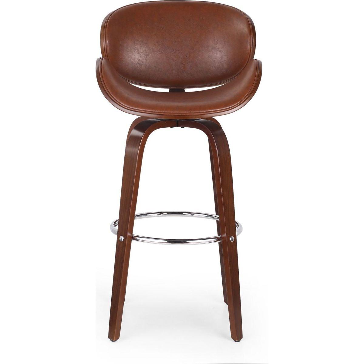 30" Mid-Century Modern Upholstered Swivel Barstool, Walnut + Cognac