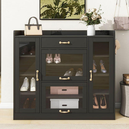 Modernist Side Cabinet with 4 Glass Doors & 3 Hooks, Freestanding Shoe Rack with Multiple Adjustable Shelves, Versatile Display Cabinet with Gold Handles for Hallway, Living Room, Black