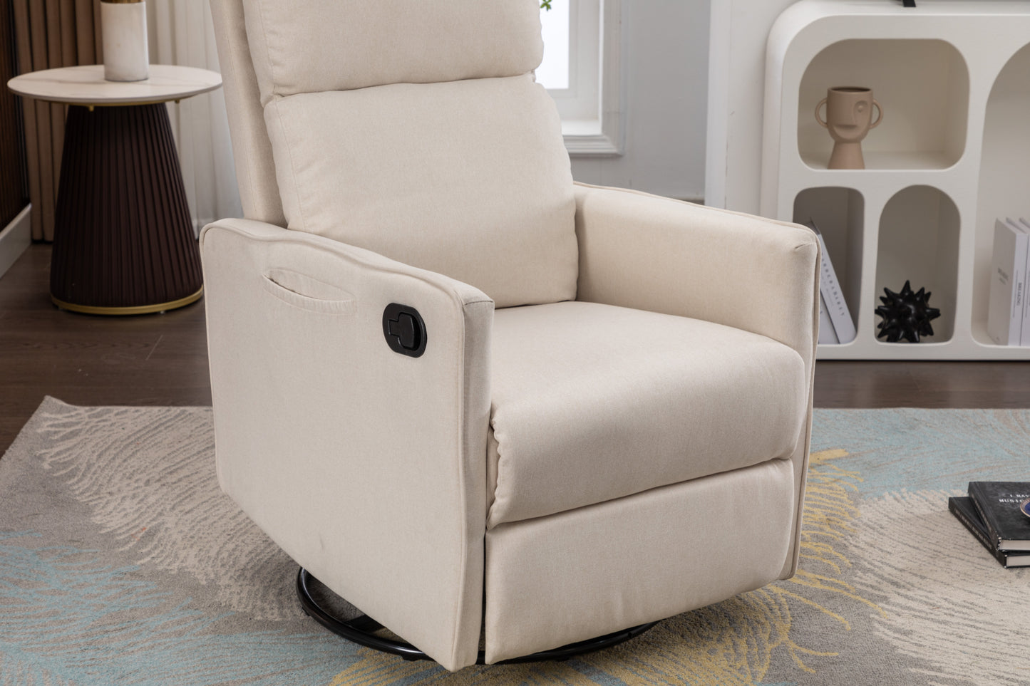 Cotton Linen Fabric Swivel Rocking Chair Glider Rocker Recliner Nursery Chair With Adjustable Back And Footrest For Living Room Indoor,Beige