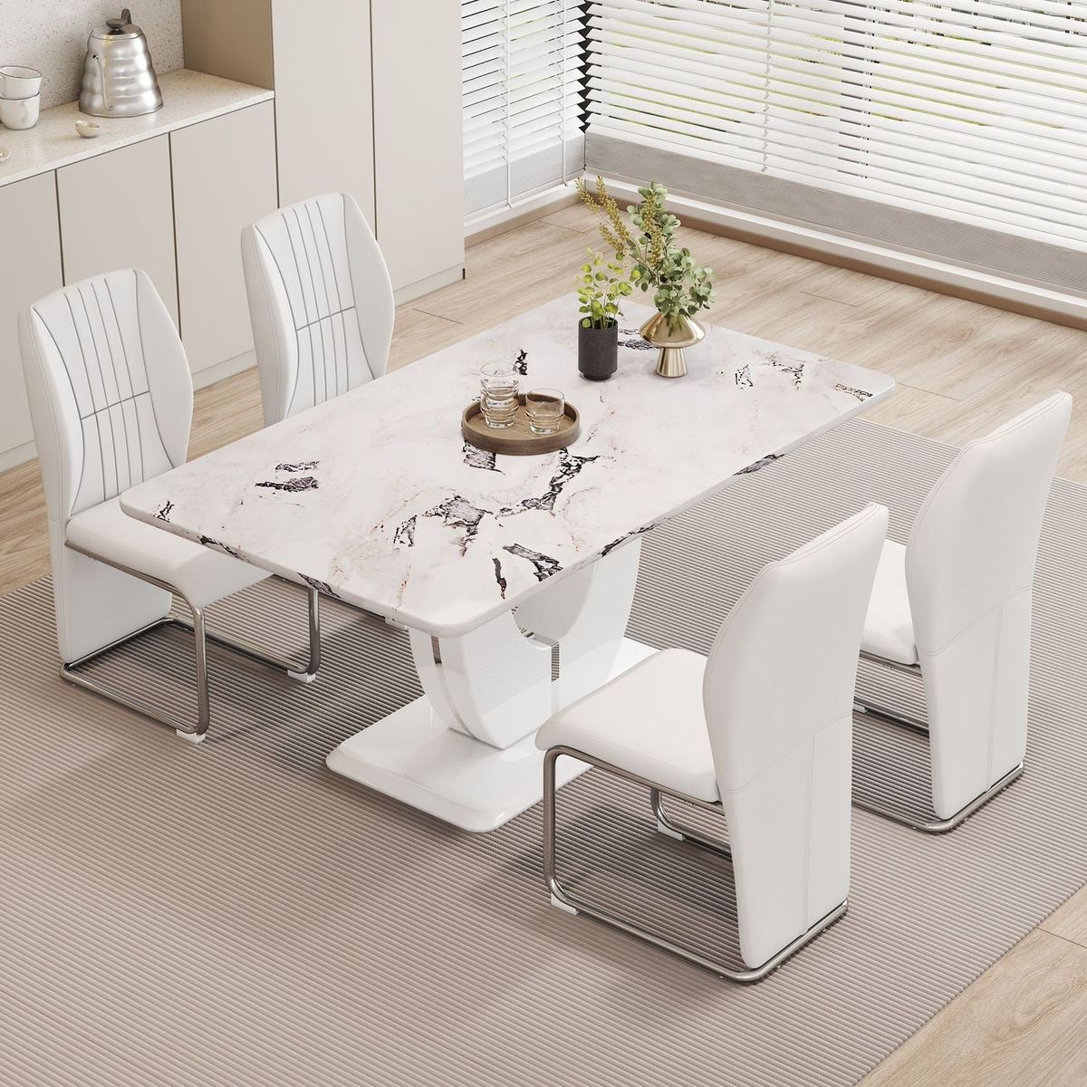 Table and chair set, modern luxurious white imitation marble pattern MDF dining table,rectangular dining table, matched with uniquely shaped PU high backrest seats,Suitable for various occasions.