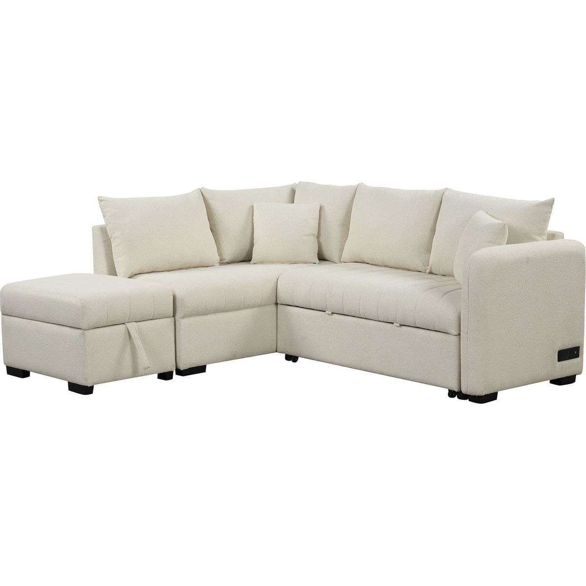 82.6" L-shaped Sectional Pull Out Sofa Bed Sleeper Sofa with Two USB Ports, Two Power Sockets and a Movable Storage Ottoman, Beige