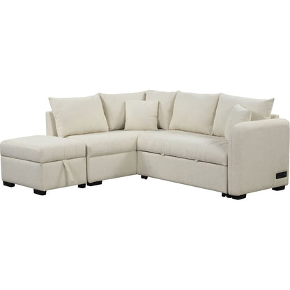 82.6" L-shaped Sectional Pull Out Sofa Bed Sleeper Sofa with Two USB Ports, Two Power Sockets and a Movable Storage Ottoman, Beige