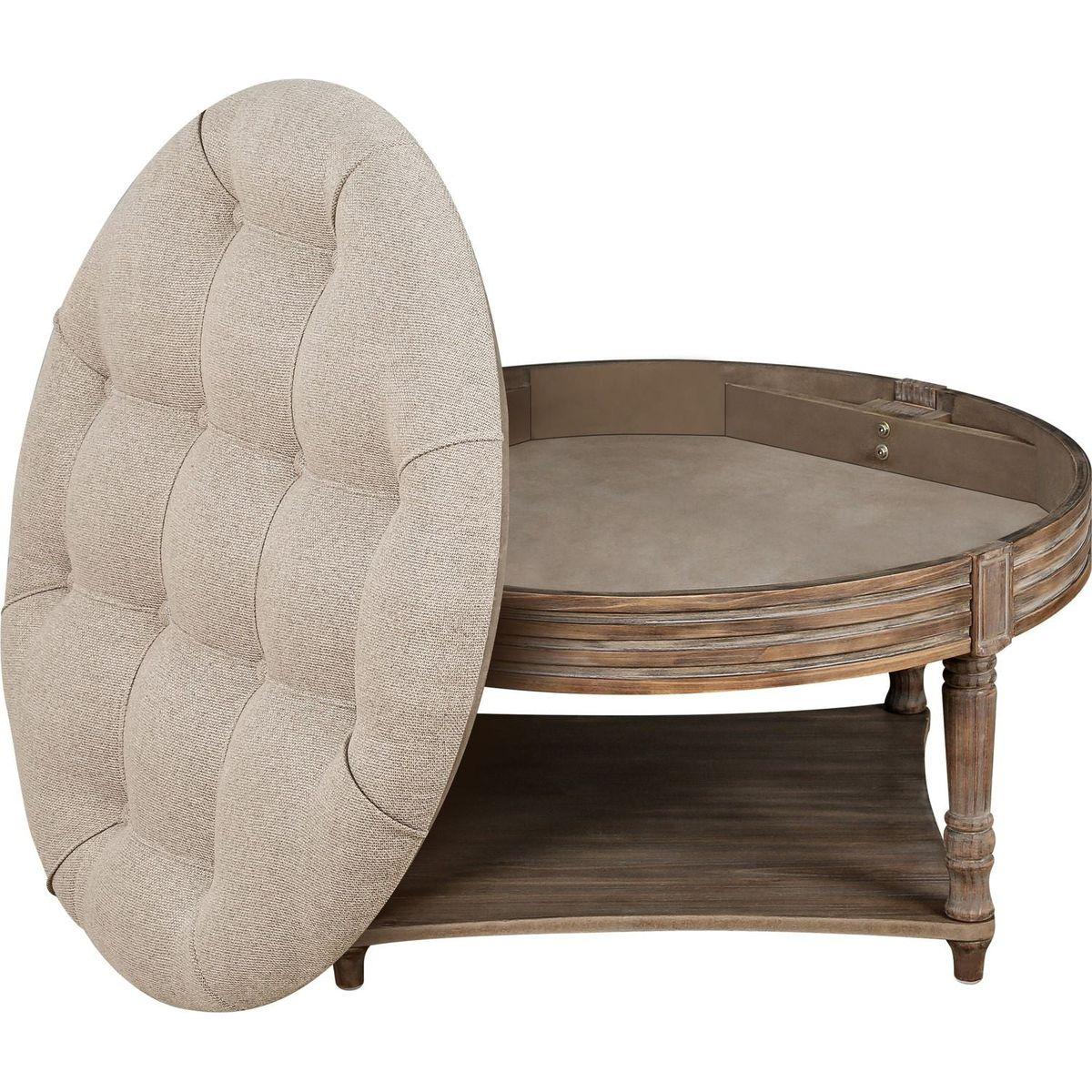 Large Round Ottoman Coffee Table 2 Tier Oversized Button Tufted Ottoman with Wooden Shelf Storage Farmhouse Upholstered Coffee Table Living Room Footstool Ottoman Linen