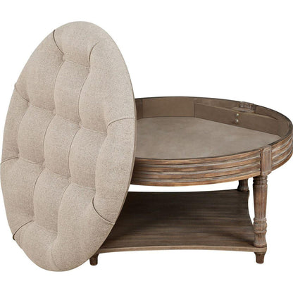 Large Round Ottoman Coffee Table 2 Tier Oversized Button Tufted Ottoman with Wooden Shelf Storage Farmhouse Upholstered Coffee Table Living Room Footstool Ottoman Linen