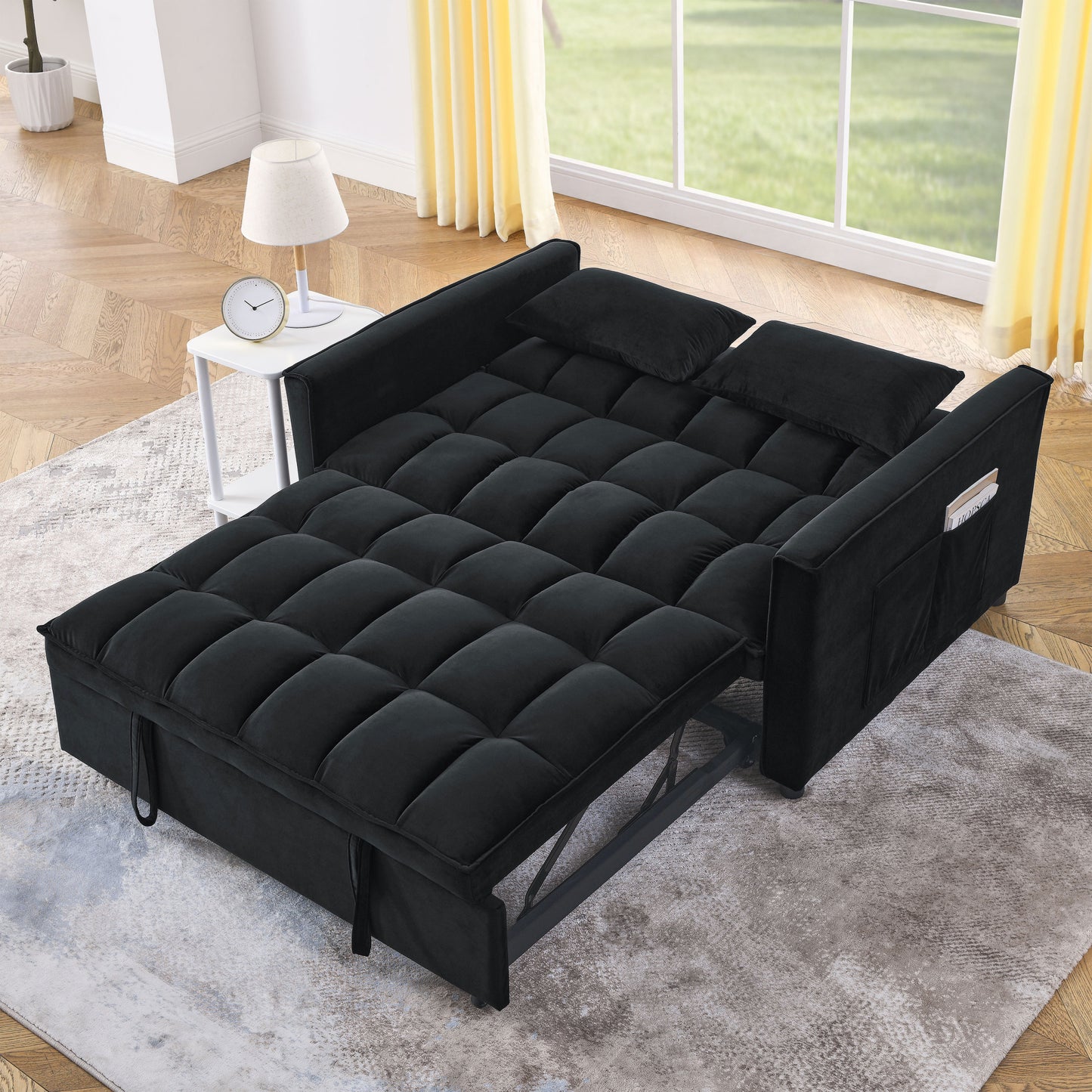 Sleeper Sofa, Convertible Sofa, Recliner, Bed, 3-in-1, 3-Position Adjustable Backrest, 2-Seater Sectional, Two Side Pockets, 2 Pillows for Living Room, Apartment, etc., Velvet Black 54" Wide.