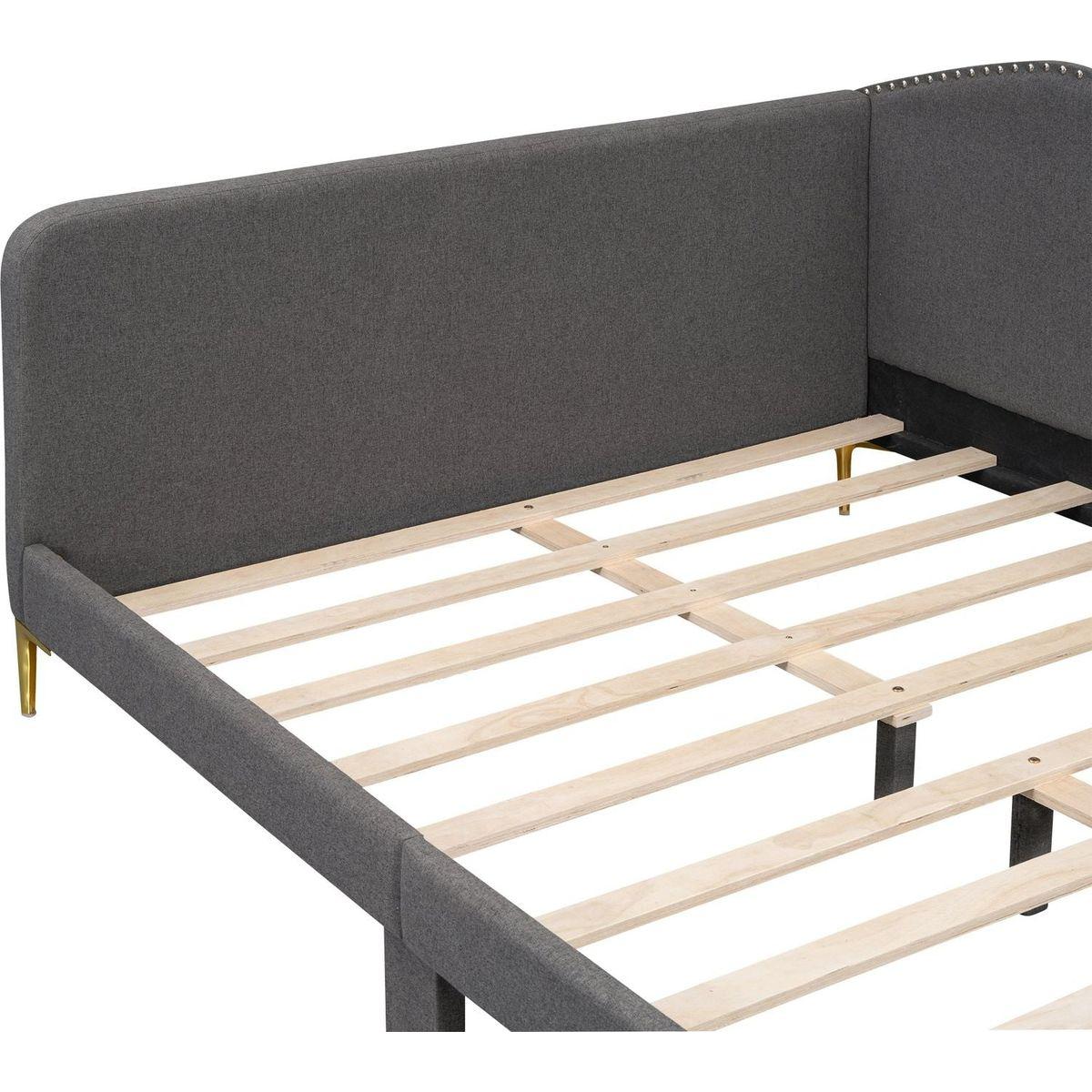 Full Size Upholstered Daybed with Headboard and Armrest, Support Legs, Grey