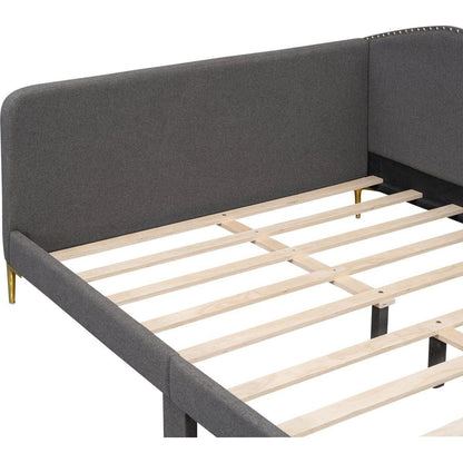Full Size Upholstered Daybed with Headboard and Armrest, Support Legs, Grey
