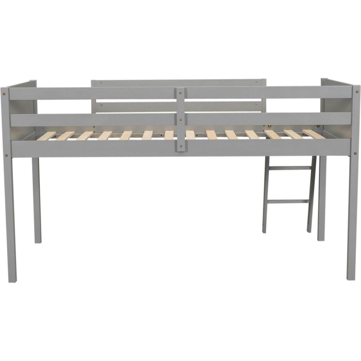 Twin Size Wood Low Loft Bed with Ladder, ladder can be placed on the left or right, Gray