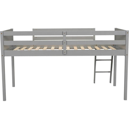 Twin Size Wood Low Loft Bed with Ladder, ladder can be placed on the left or right, Gray