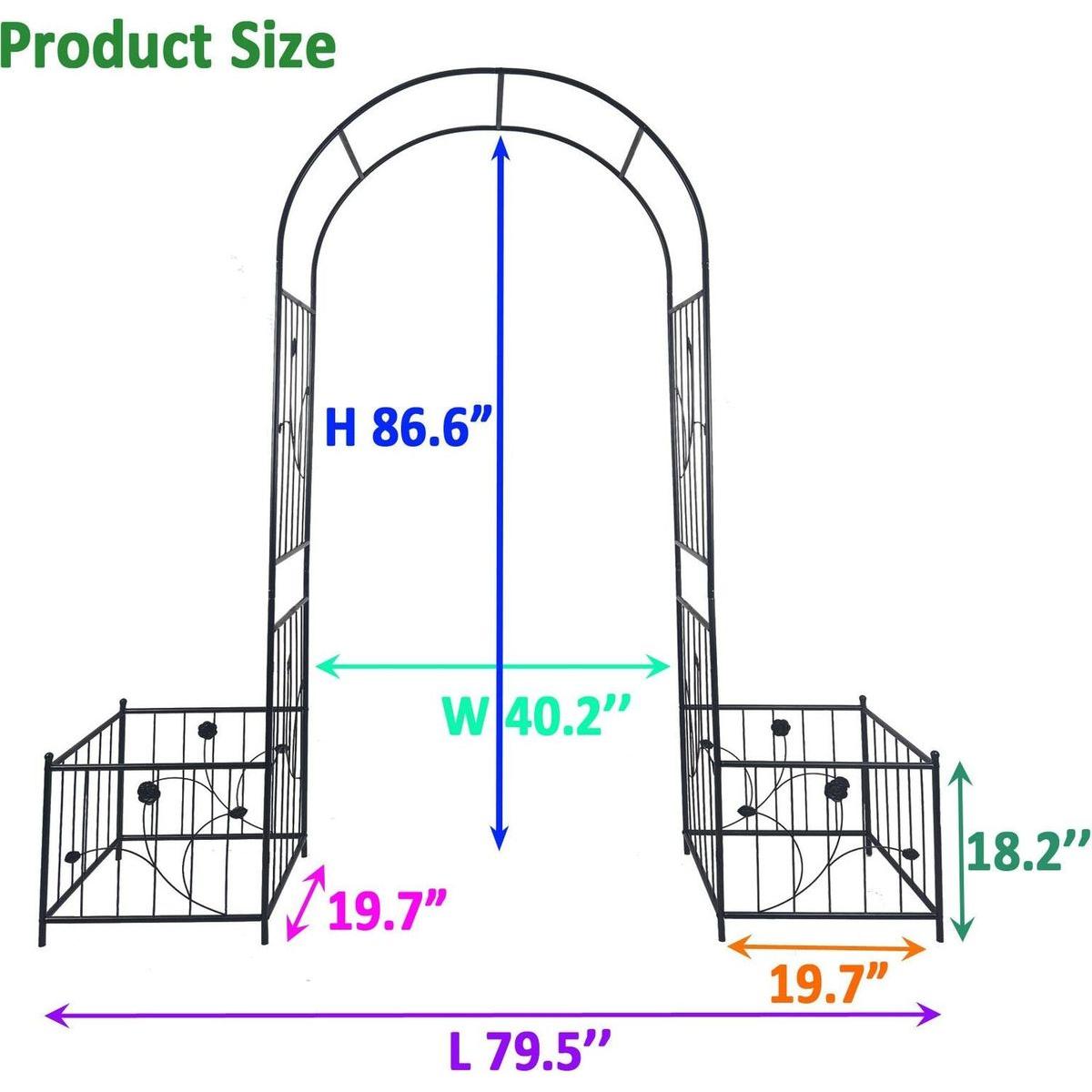 Metal Garden Arch with two plant stands 79.5" Wide x 86.6" High Climbing Plants Support Rose Arch Outdoor Black