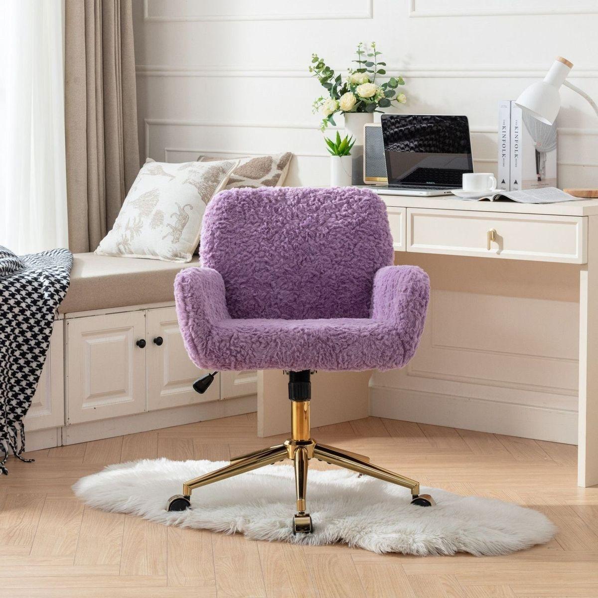 Office Chair,Artificial rabbit hair Home Office Chair with Golden Metal Base,Adjustable Desk Chair Swivel Office Chair,Vanity Chair(Violet) - Streamdale Furniture