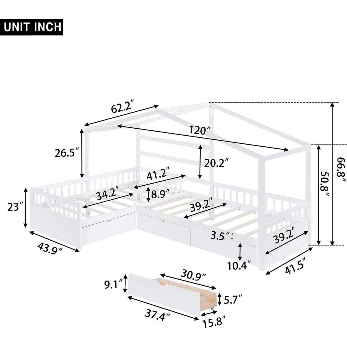 Twin Size House Platform Bed with Three Storage Drawers,White