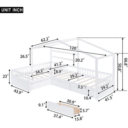 Twin Size House Platform Bed with Three Storage Drawers,White