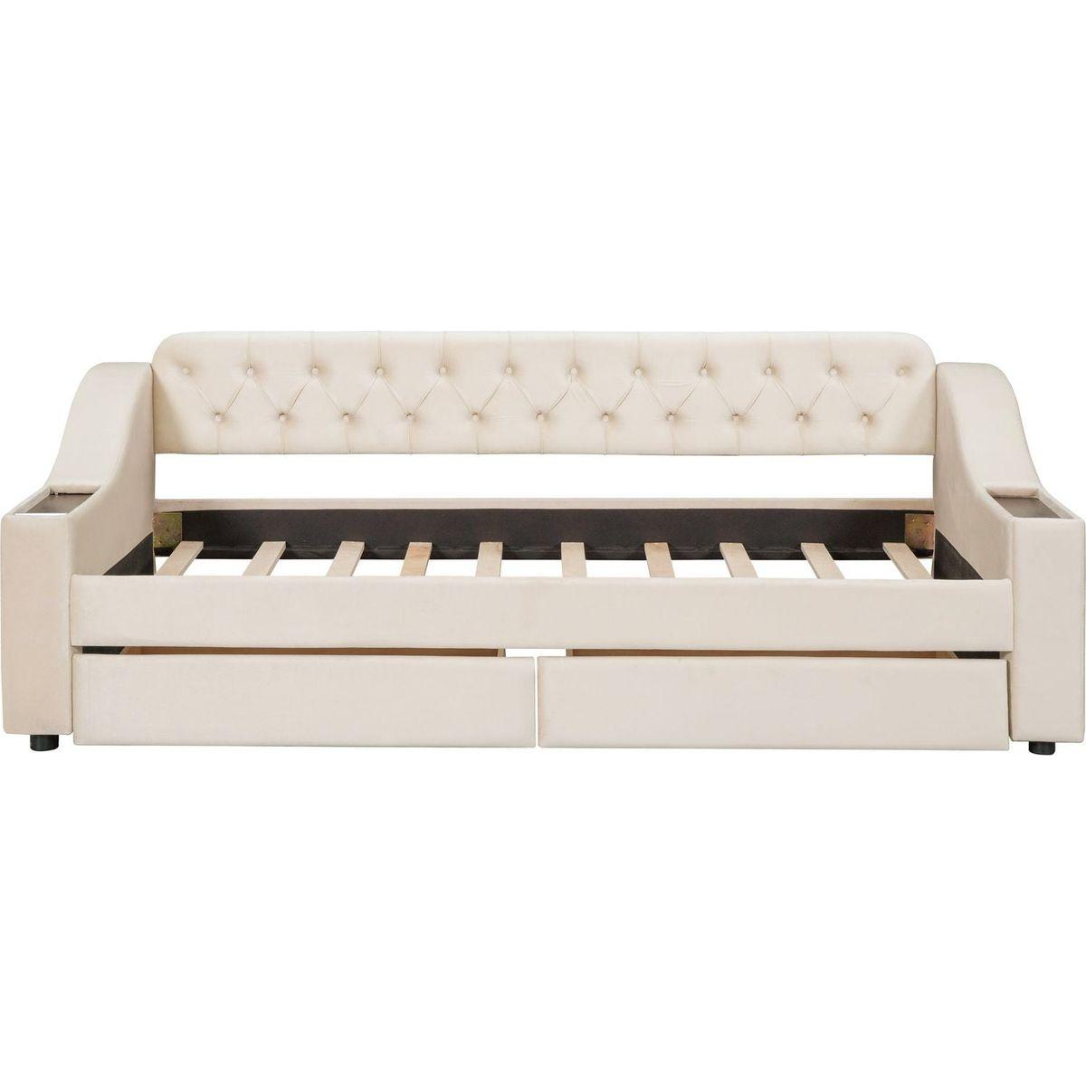 Twin Size Upholstered Daybed with Storage Armrests and USB Port, Beige