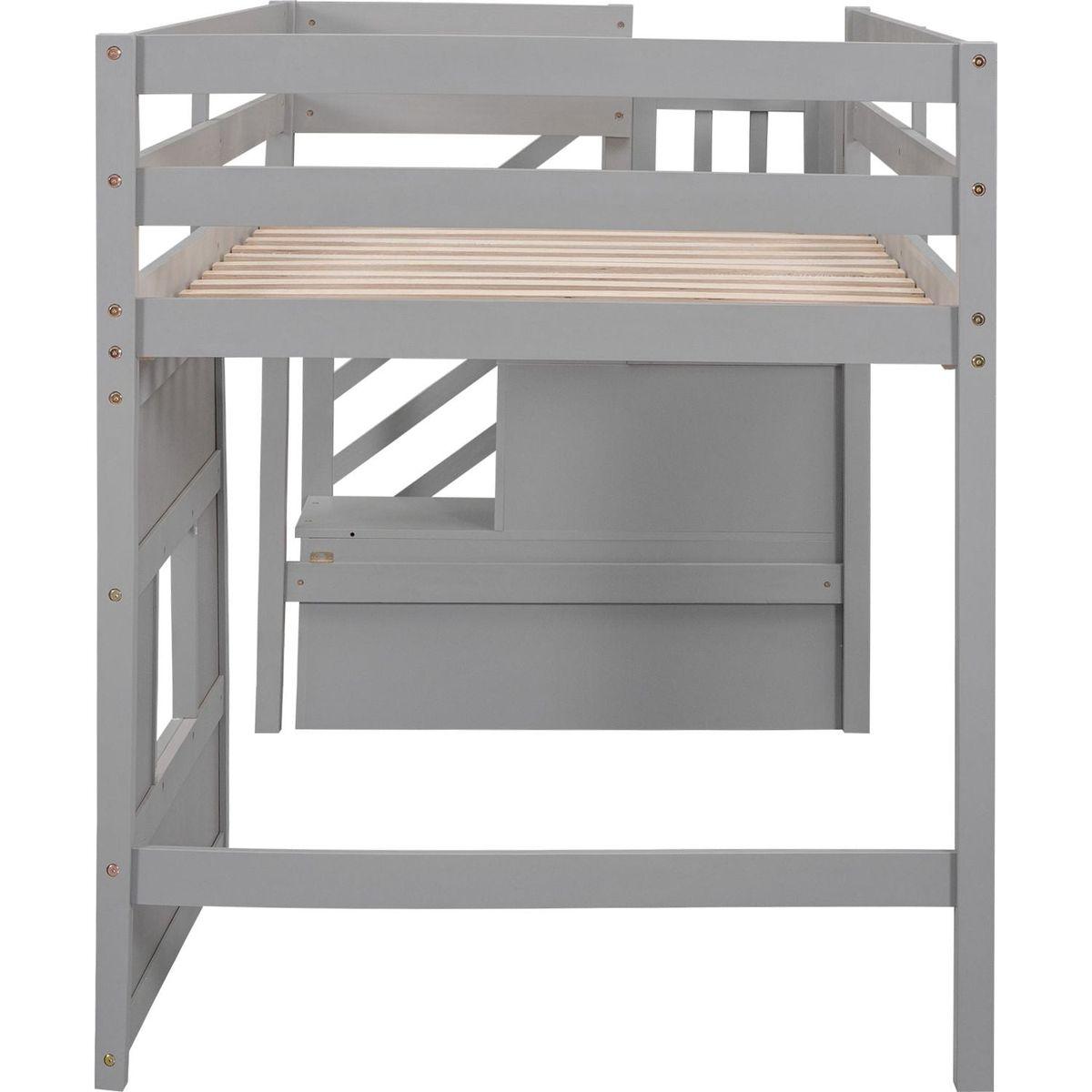 Twin Size Loft Bed with Storage Staircase and Window, Gray