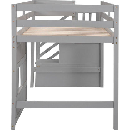 Twin Size Loft Bed with Storage Staircase and Window, Gray