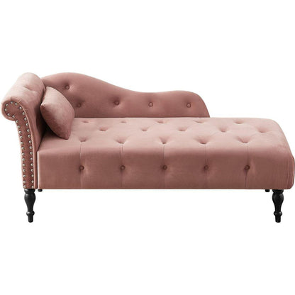 60.6" Velvet Chaise Lounge Buttons Tufted Nailhead Trimmed Solid Wood Legs with 1 Pillow,Rose (Left Arm Design as Shown in the Picture)