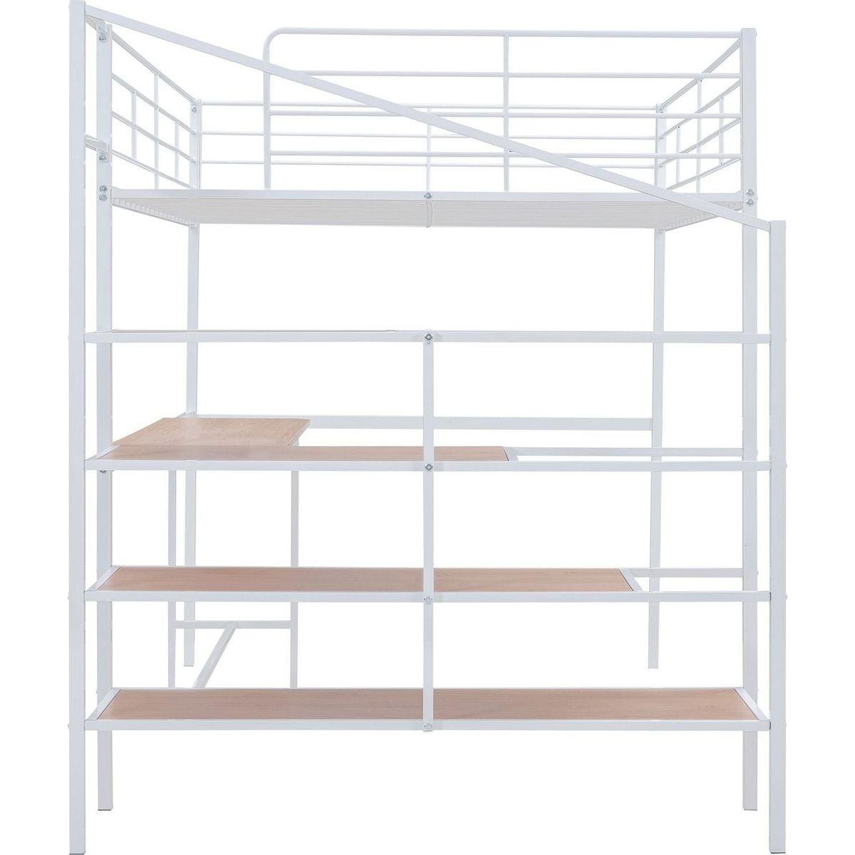 Full Size Metal Loft Bed with Desk and Lateral Storage Ladder, White