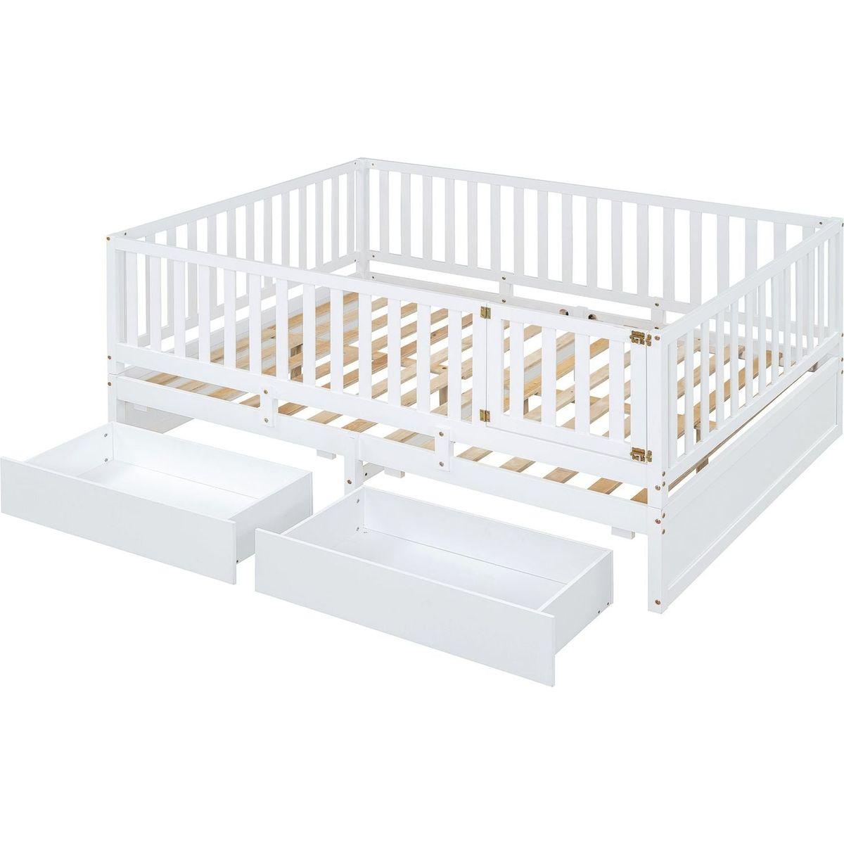 Full Size Wood Daybed with Fence Guardrails and 2 Drawers, Split into Independent Floor Bed & Daybed, White