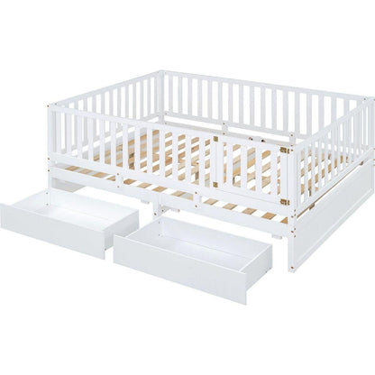 Full Size Wood Daybed with Fence Guardrails and 2 Drawers, Split into Independent Floor Bed & Daybed, White