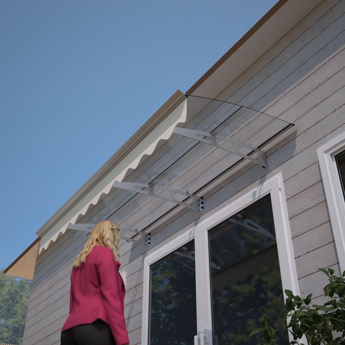 DA7934C Series Door Window Awning Canopy Made of 0.137Inch Thick Crystal Solid Polycarbonate Sheet and Aluminum Alloy with Valance in size of 79" Wide x 34" Deep for Masonry Concrete Wall House only.