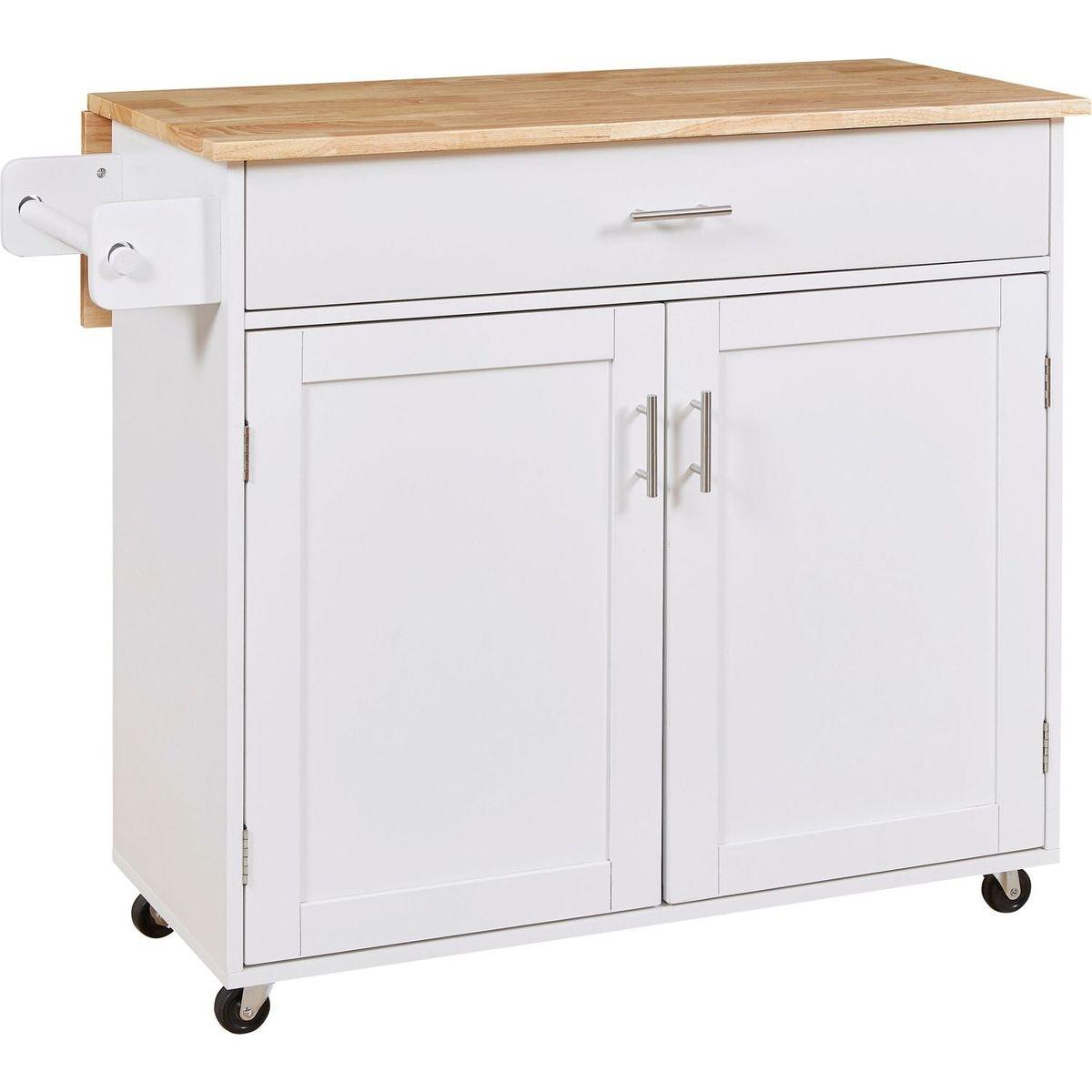 Rolling Kitchen Island with Storage, Kitchen Cart with Rubber Wood Top, Spacious Drawer with Divider and Internal Storage Rack, Kitchen Island on Wheels with Adjustable Shelf Tower Rack, White