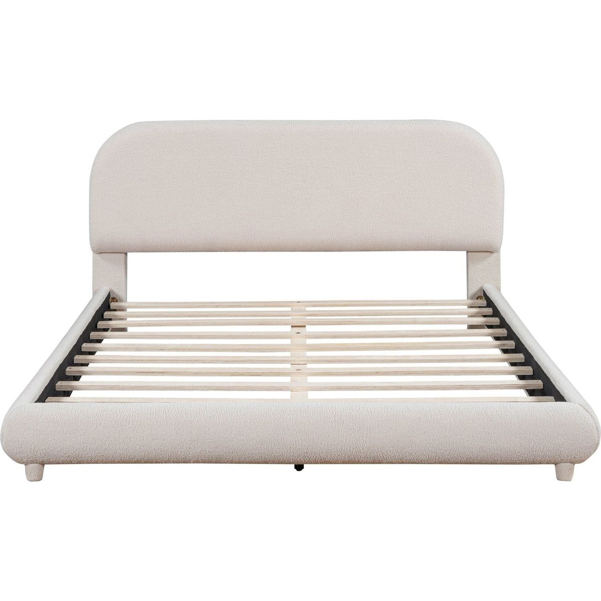 Teddy Fleece Queen Size Upholstered Platform Bed with Thick Fabric, Solid Frame and Stylish Curve-shaped Design, Beige