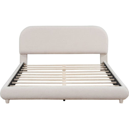 Teddy Fleece Queen Size Upholstered Platform Bed with Thick Fabric, Solid Frame and Stylish Curve-shaped Design, Beige