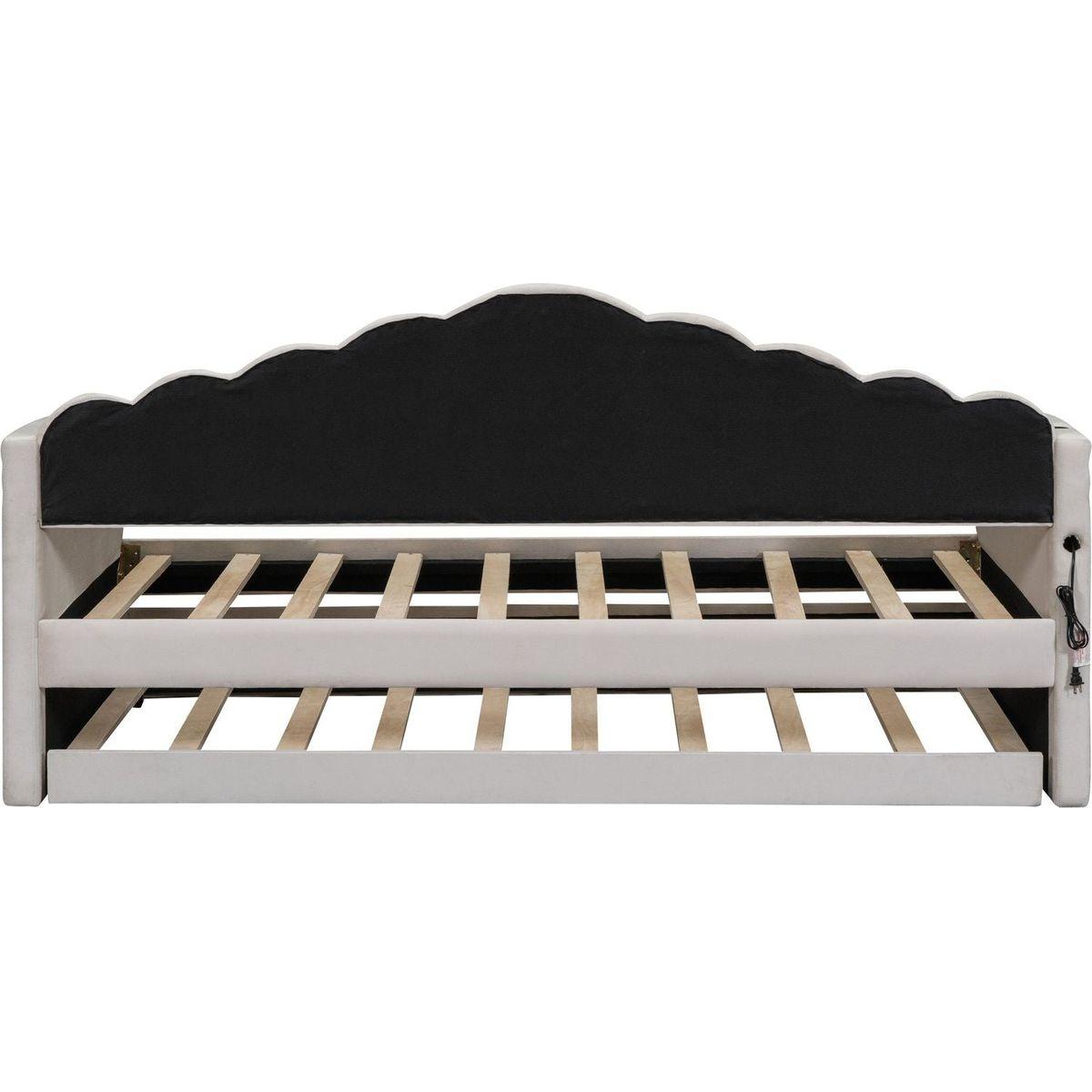 Twin size Upholstered Daybed with Trundle, Velvet Sofabed with USB Charging Ports,No Box-spring Needed,Beige