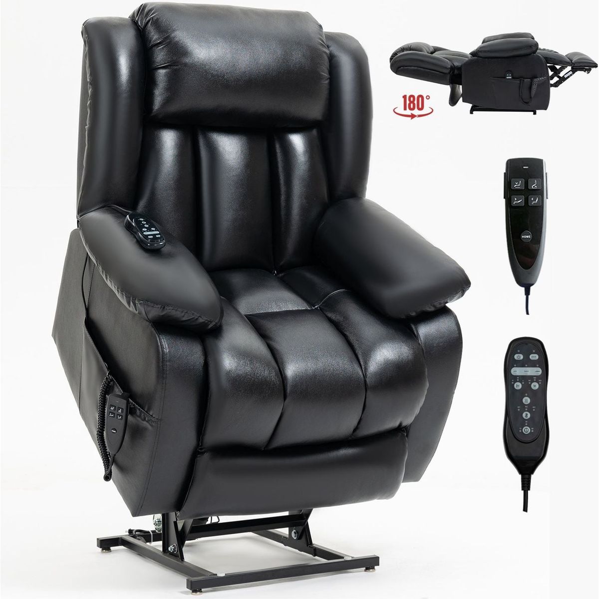 Dual Motor Infinite Position Up to 350 LBS Electric Medium size Genuine Leather Black Power Lift Recliner Chair with 8-Point Vibration Massage and Lumbar Heating