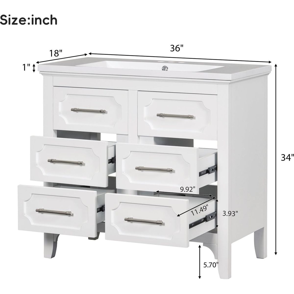 36" Bathroom Vanity with Resin Sink Combo, Free Standing Single Vanity Set with Four Drawers, Solid Wood Frame Bathroom Storage Cabinet