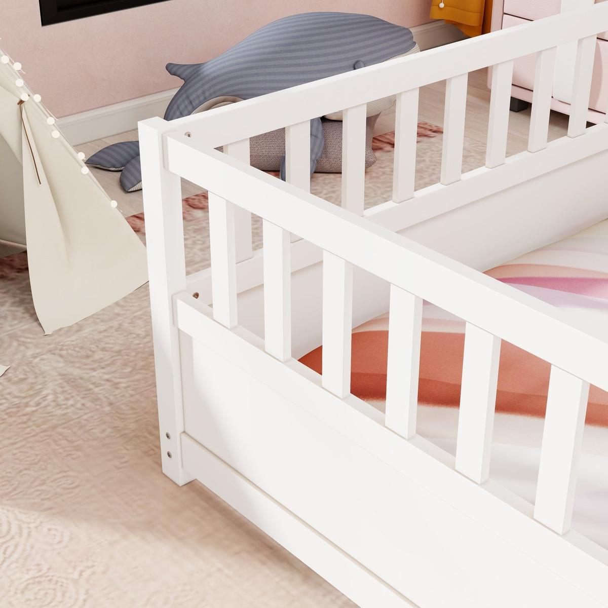 Full size Floor bed, integral construction with super high security barrier, door, children's floor bed frame, Montessori wooden children's floor bed, white - Streamdale Furniture