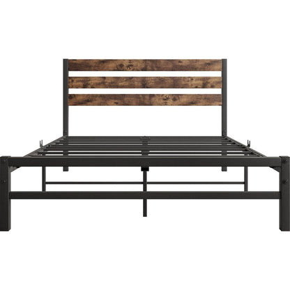 Full Size Platform Bed Frame with Rustic Vintage Wood Headboard, Strong Metal Slats Support Mattress Foundation, No Box Spring Needed Rustic Brown