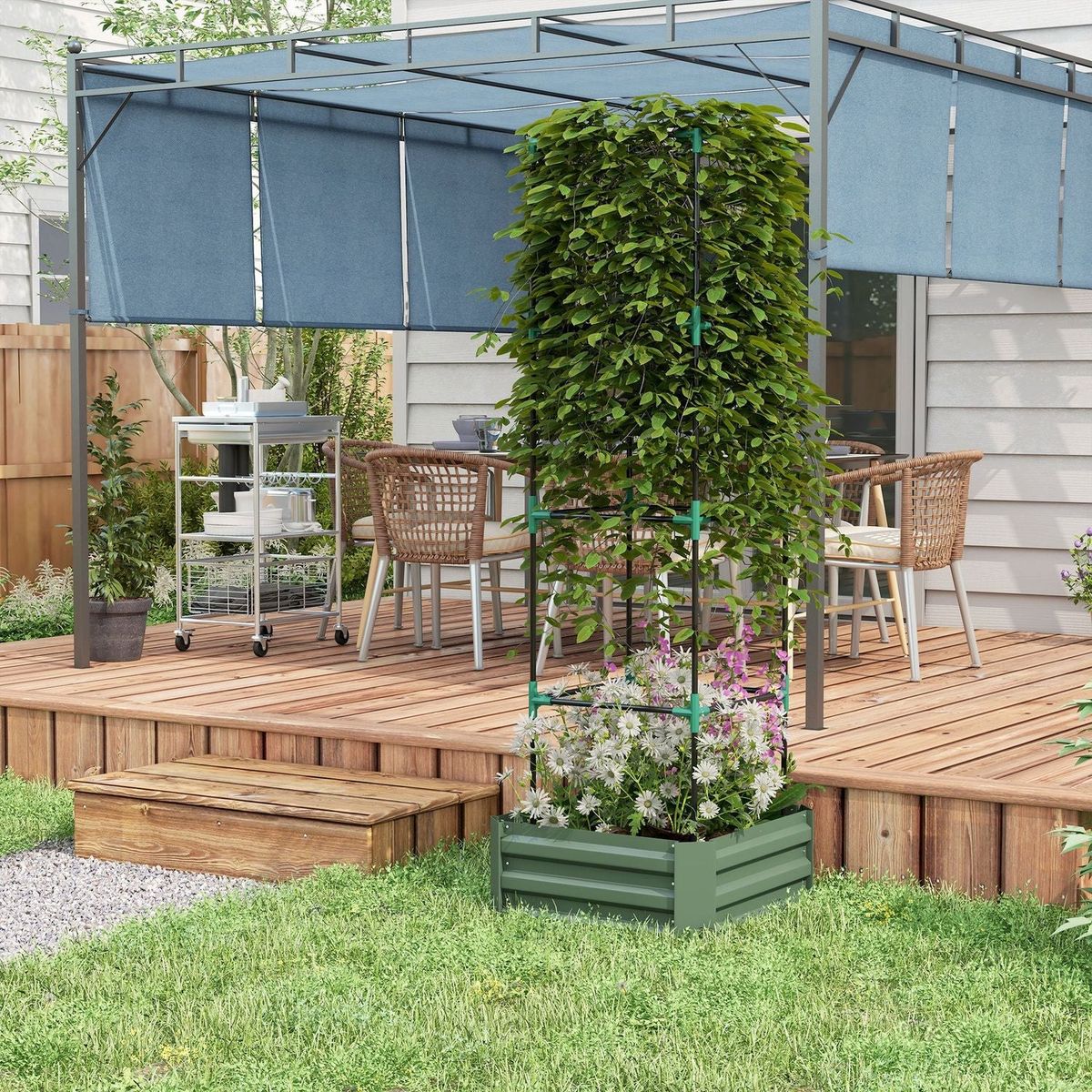 Galvanized Raised Garden Bed, 24" x 24" x 11.75" Outdoor Planter Box with Trellis Tomato Cage and Open Bottom for Climbing Vines, Vegetables, Flowers in Backyard, Garden, Patio, Green