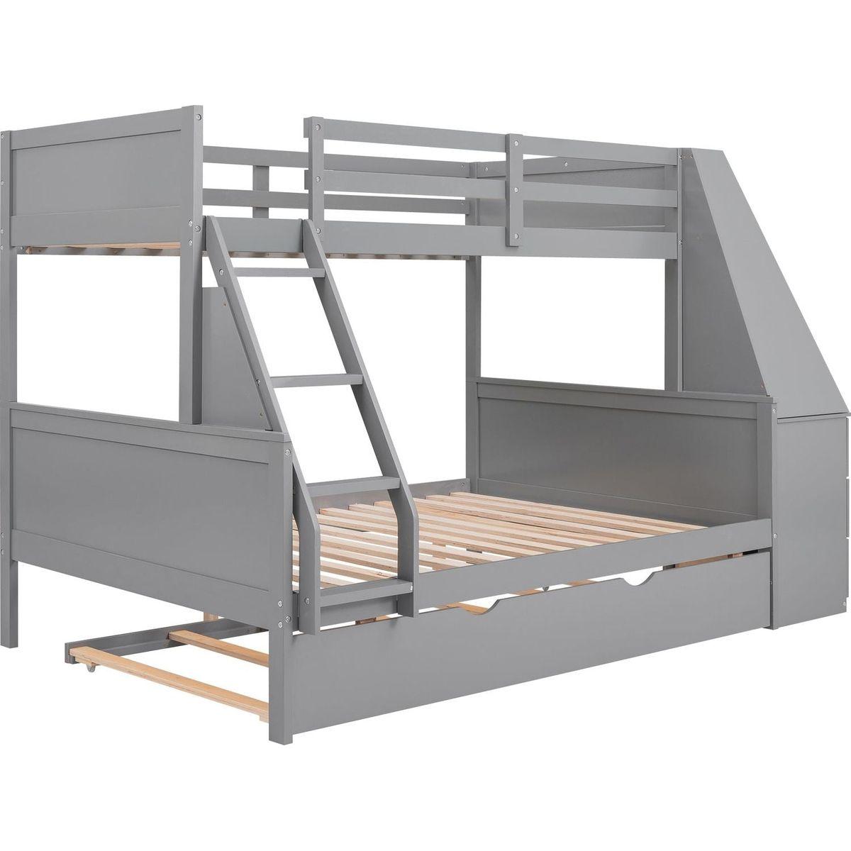 Twin over Full Bunk Bed with Trundle and Built-in Desk, Three Storage Drawers and Shelf,Gray