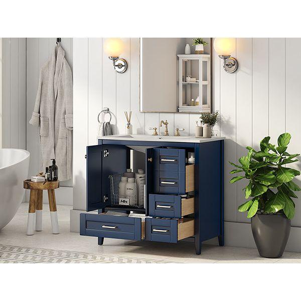 36" Bathroom Vanity with Sink Combo Set, Modern Bathroom Cabinet with 4 Drawers, Freestanding Wood Bathroom Vanity Set with Solid Wood Feet, Blue