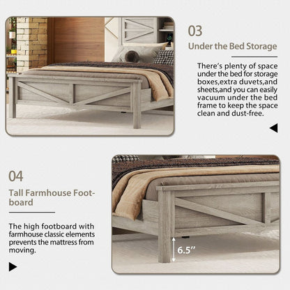 Farmhouse Platform Bed with Double Sliding Barn Door, Full Size Rustic Wood Bed with Charging Station, Wood Slats Support, Antique Gray
