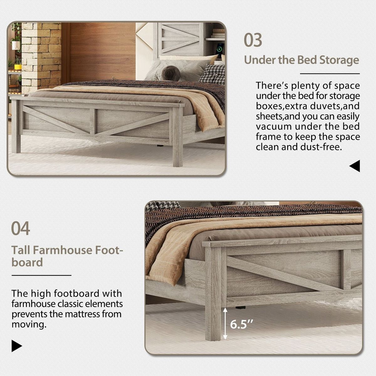 Farmhouse Platform Bed with Double Sliding Barn Door, Full Size Rustic Wood Bed with Charging Station, Wood Slats Support, Antique Gray