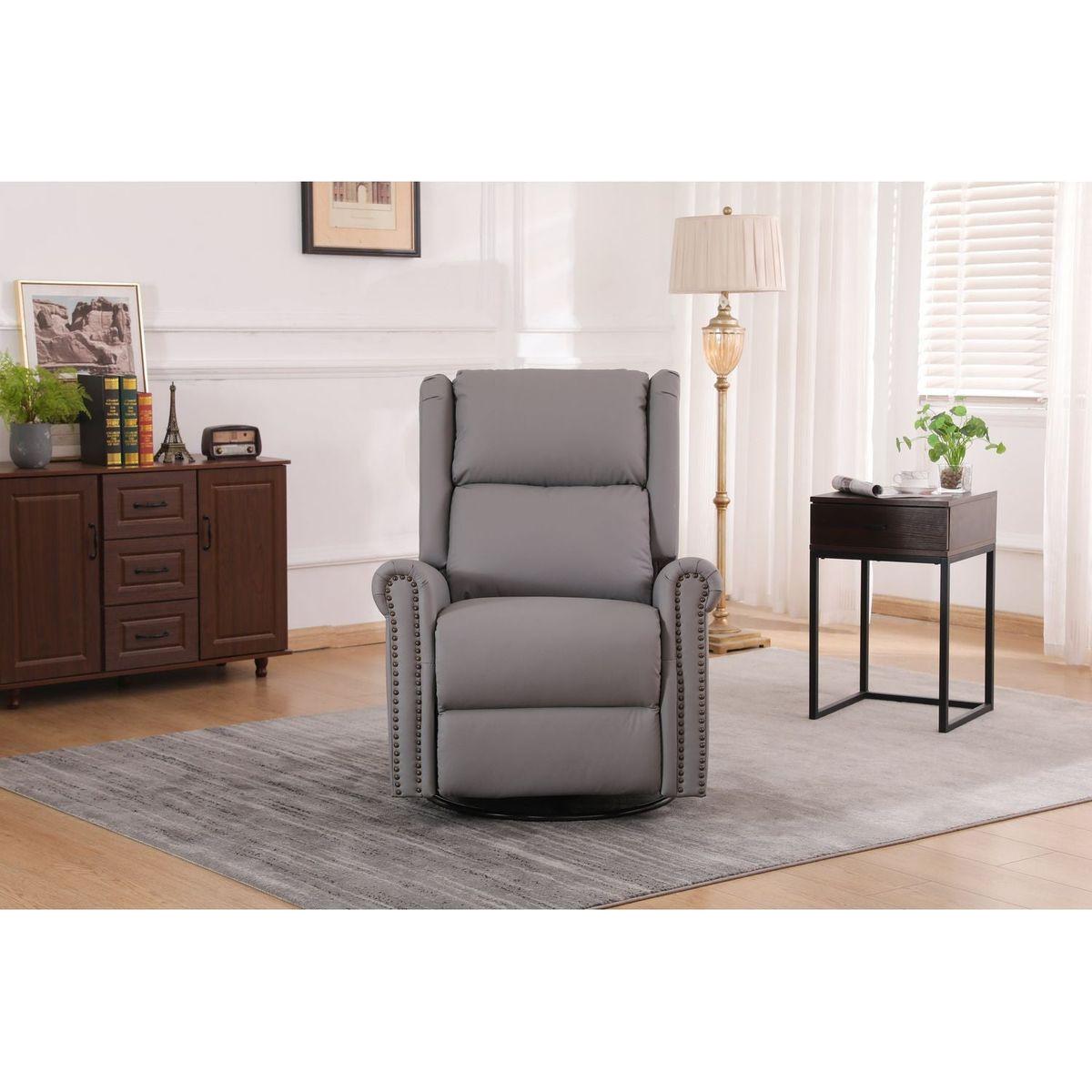 360 Degree Swivel Upholstered Manual Recliner With Nailhead Trims For LIving Room, Grey