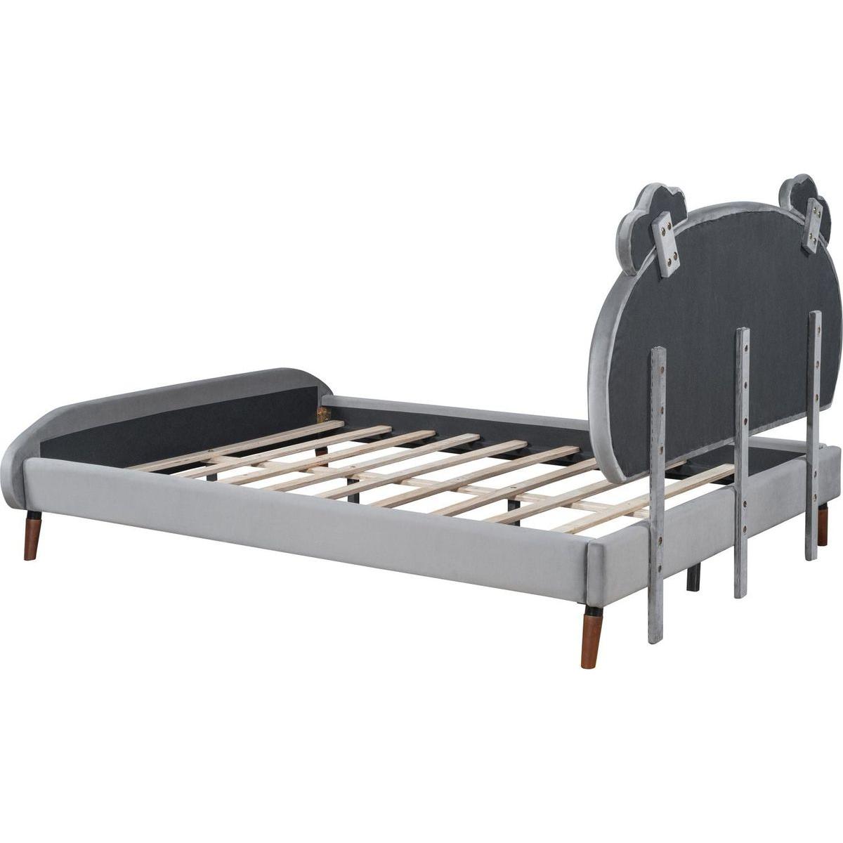 Full Size Upholstered Platform Bed with Koala-Shaped Headboard, Gray