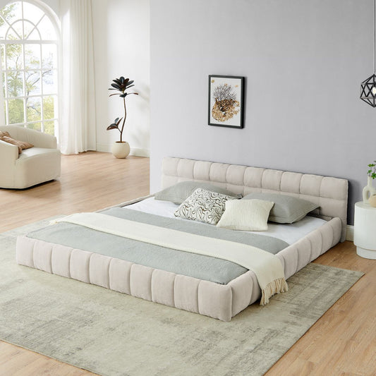 King size  Upholstered Bed Frame with Thick Fabric, Chenille Fabric Grounded Queen Size Platform Bed with Headboard and Solid Frame. No Box Spring Needed-Beige(88.5''*85.5''*24'')