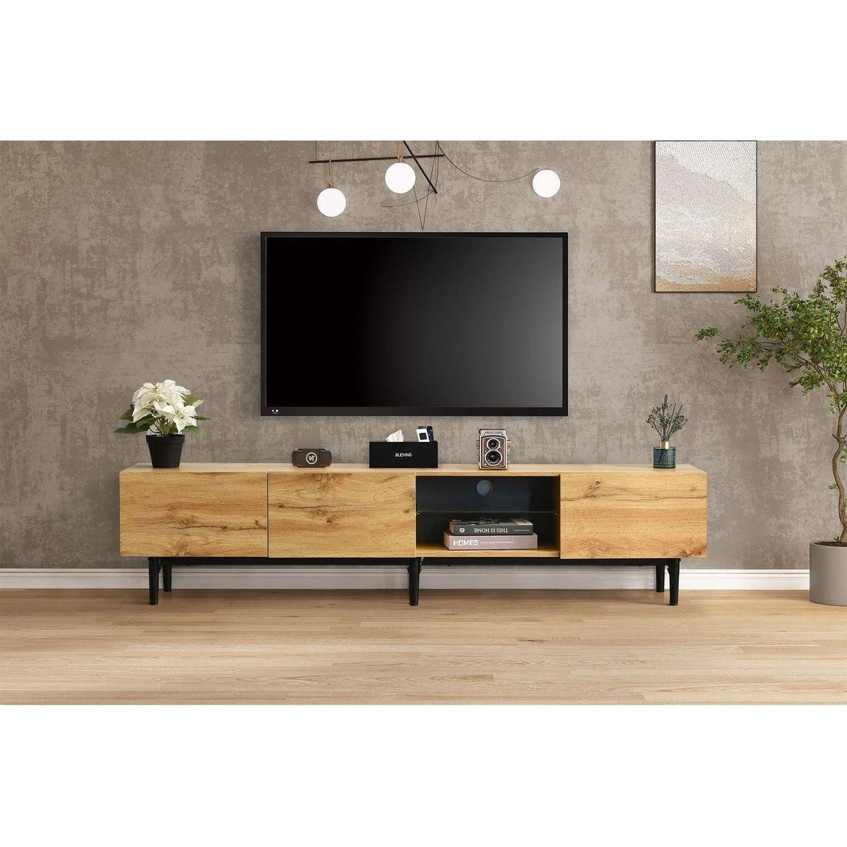 Modern TV Stand with 4 Cabinets& Open Shelves, Color-matching Media Console Table for TVs up to 80" with LED Light, Entertainment Center with Drop Down Door for Living Room, Bedroom, Home Theatre