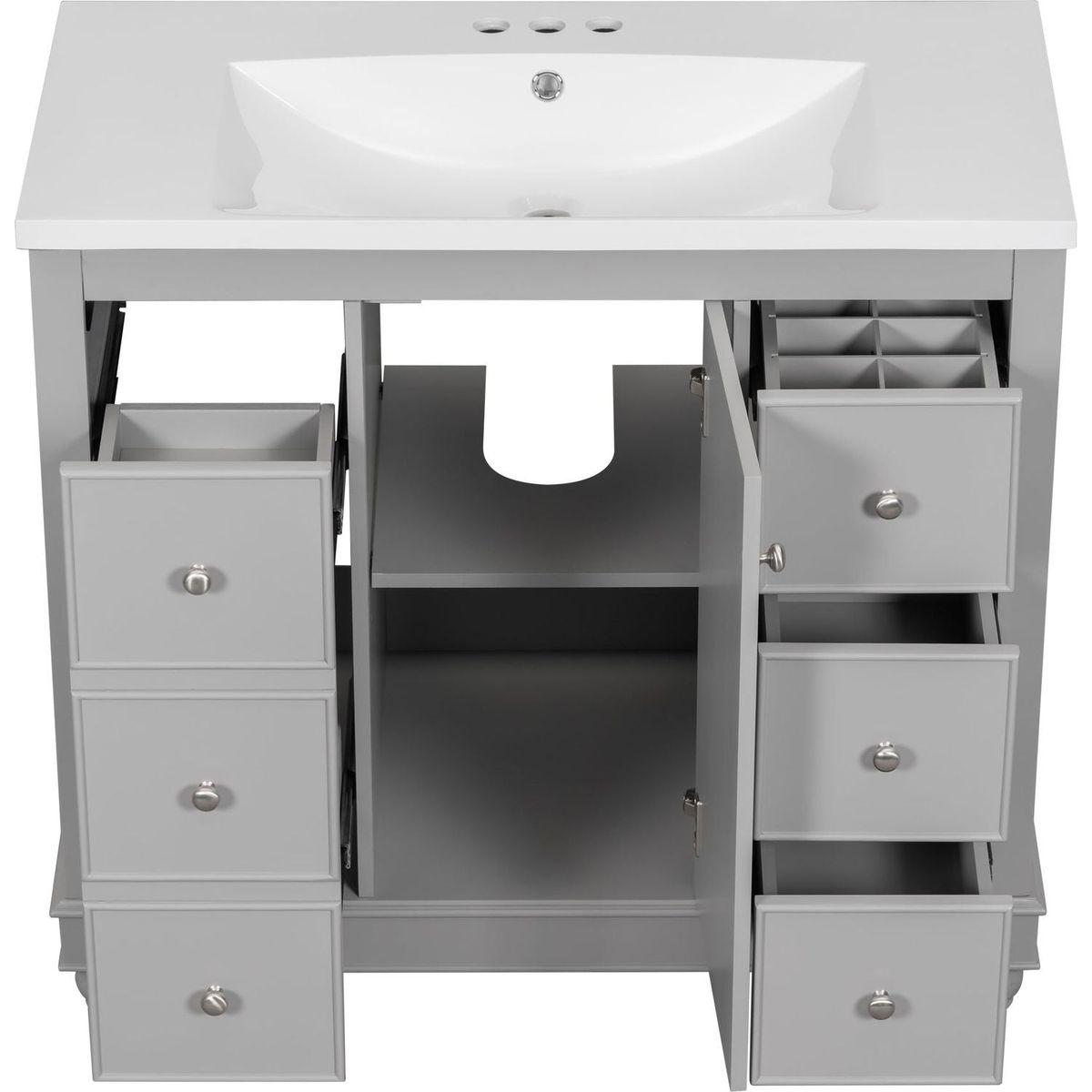 Contemporary Gray Bathroom Vanity Cabinet - 36x18x34 inches, 4 Drawers & 1 Cabinet Door, Multipurpose Storage, Resin Integrated Sink, Adjustable Shelves, Solid Wood Frame with MDF