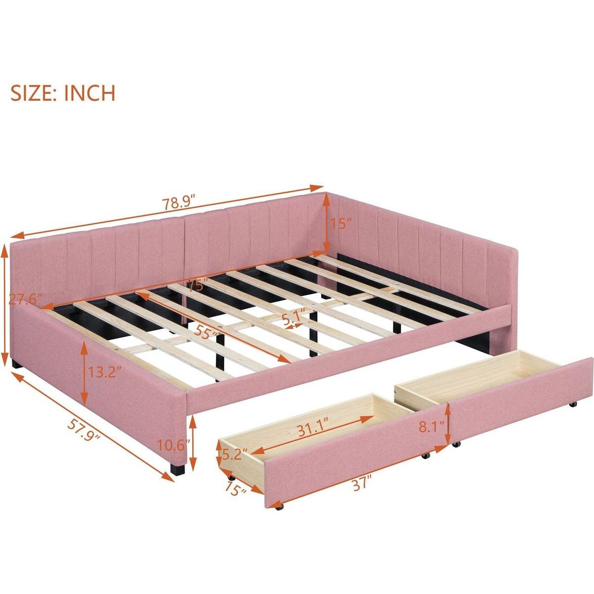 Full Size Upholstered Daybed with 2 Storage Drawers Sofa Bed Frame No Box Spring Needed, Linen Fabric (Pink)