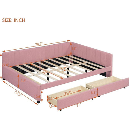 Full Size Upholstered Daybed with 2 Storage Drawers Sofa Bed Frame No Box Spring Needed, Linen Fabric (Pink)